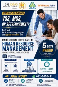 Promotional poster for a 5-day hybrid certificate in Human Resource Management (Industrial Relations), with intake May 18–22, 2026, 9:00 AM–5:00 PM; shows a team working at a laptop and logos at the top.
