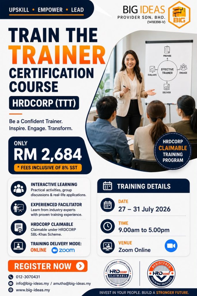 Poster advertising the ‘Train the Trainer’ certification course by HRD Corp, with a trainer presenting to a group at a whiteboard. BIG IDEAS logo shown.
