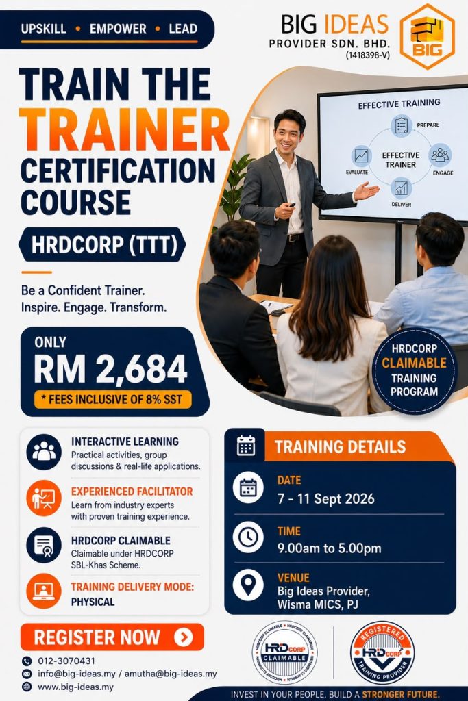 Promotional poster for the Train the Trainer Certification Course by HRDCORP/Big Ideas, including price RM 2,684 and training details with a presenter and learners pictured.